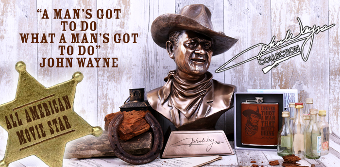 La collection John Wayne de Nemesis Now comprend des horloges, des figurines, des tasses et des portefeuilles.