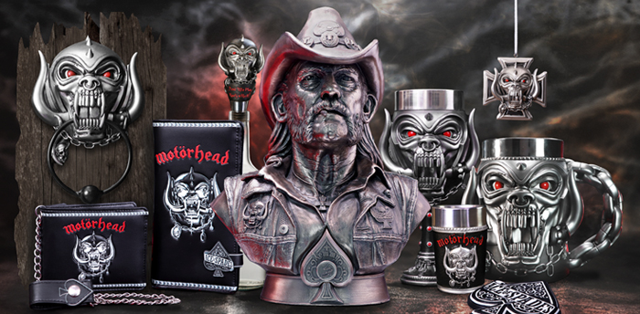 Die Motorhead Kollektion von Nemesis Now umfasst eine Brieftasche, eine Schachtel, ein Schnapsglas, eine Geldbörse, einen Krug und kristallklare Bilder.