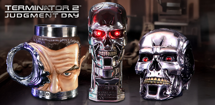 Die Terminator 2 Kollektion von Nemesis Now umfasst Buchstützen, Flaschenöffner, Schachteln, Figuren, Becher, Schnapsgläser, Krüge und Brieftaschen.