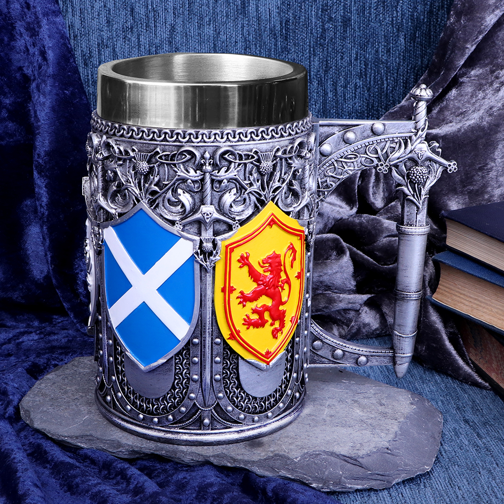 Brave Scottish Shield Tankard, Hand-Painted Resin with Steel Insert