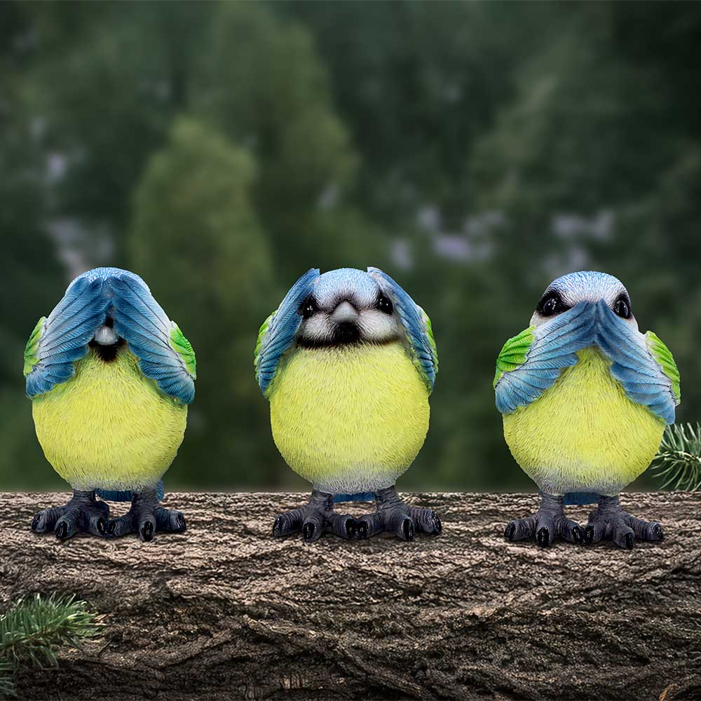 Three Wise Blue Tit Figurines in See no, Hear no, Speak no evil poses