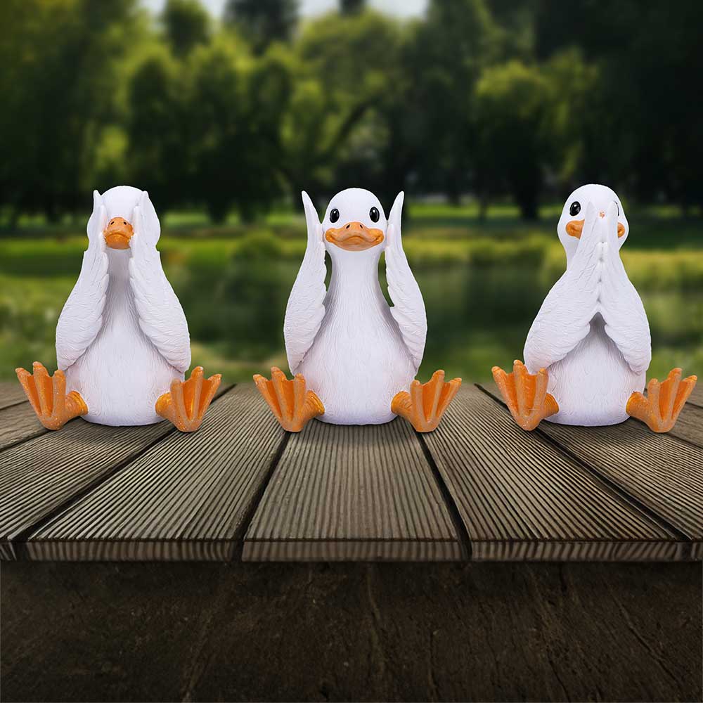 Three Wise Goofy Geese Figurines in See no, Hear no, Speak no evil poses