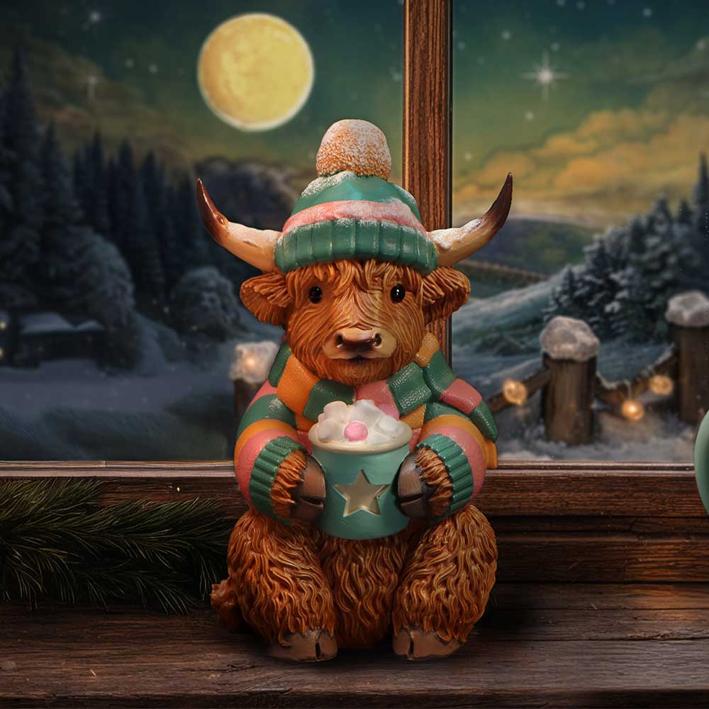 Winter Highland Cow Hot Cocoa Figurine 12.3cm
