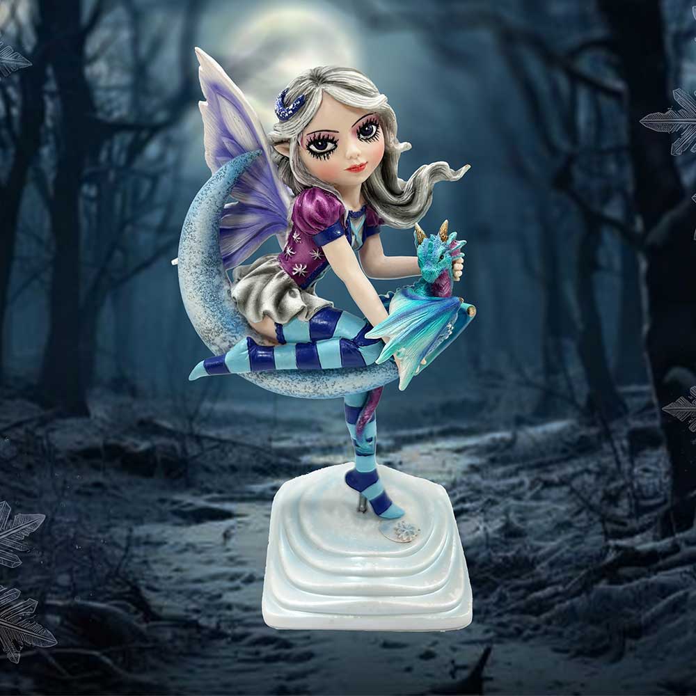 Lunar Fae Fairy Figurine with Dragon on Crescent Moon