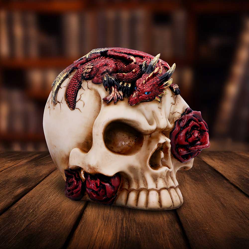 Rose Flame Decorative Skull With Sleeping Dragon