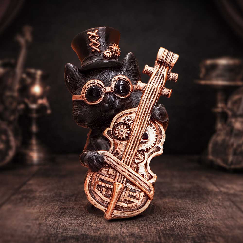 Steampunk Black Cat Playing Cello Figurine 10cm