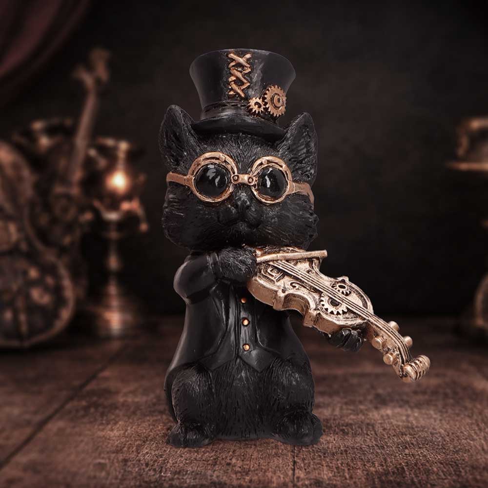 Steampunk Black Cat Playing Violin Figurine 10cm