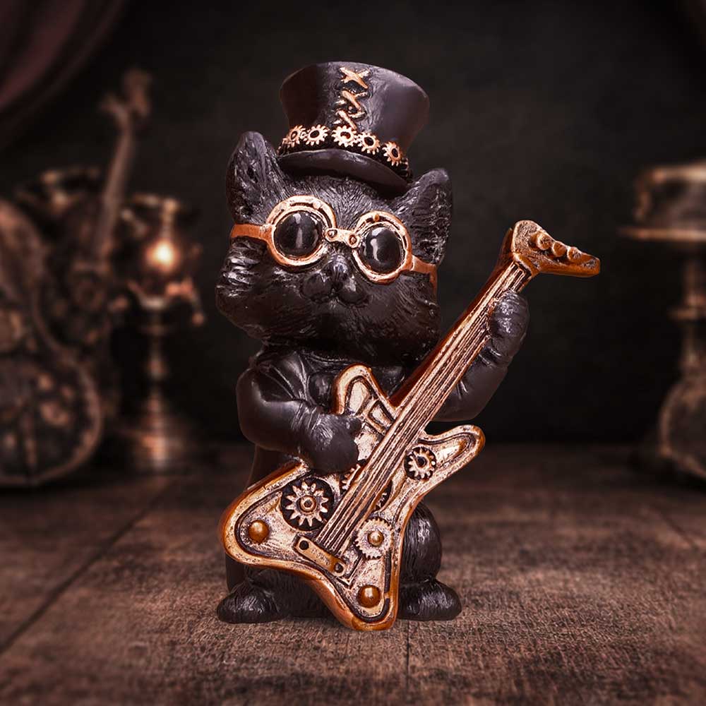 Steampunk Black Cat Playing Guitar Figurine 10cm